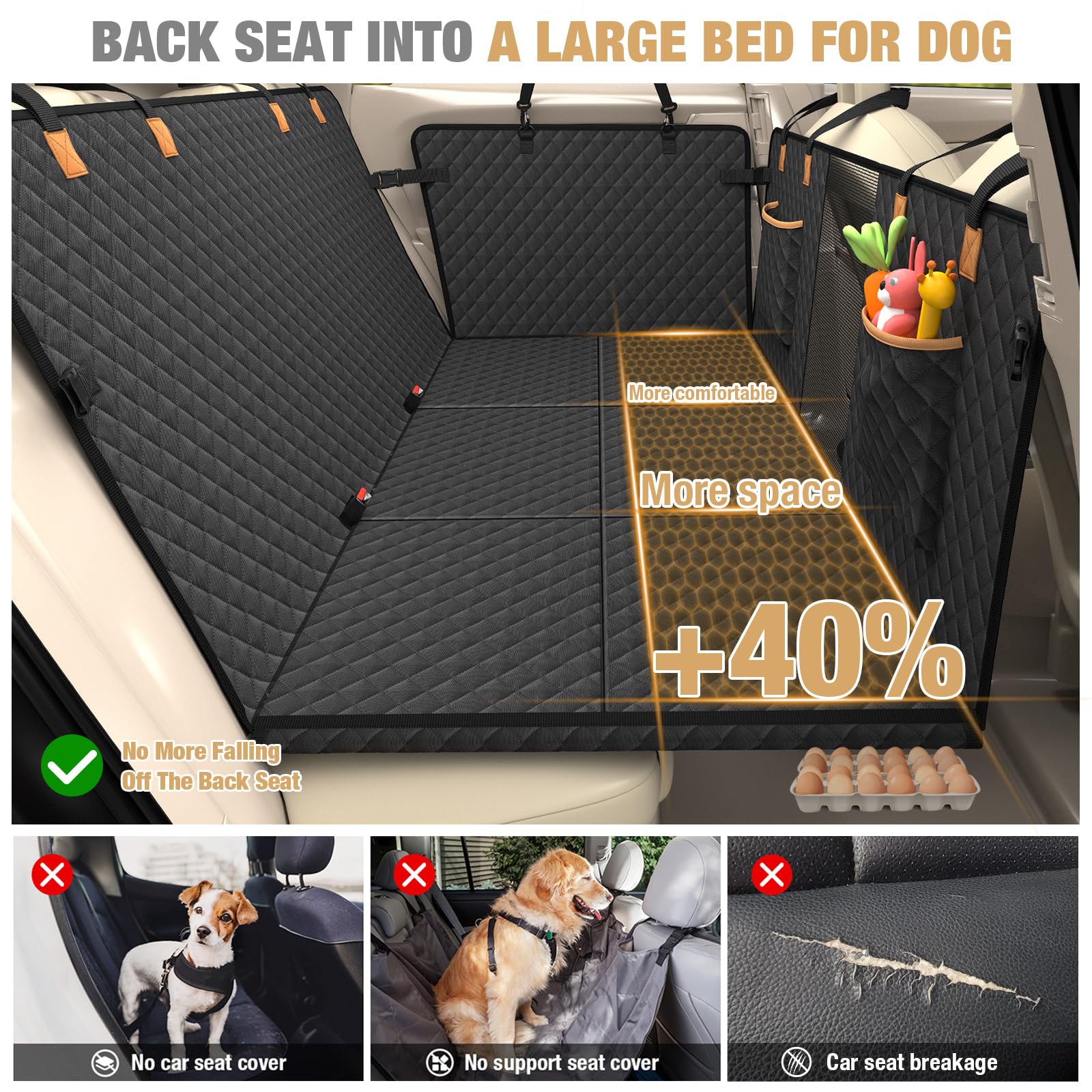 Lekereise back seat extender hammock with side flaps protects car seats from dirt.
