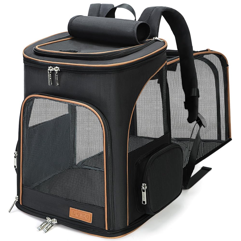 Lekereise Black Cat Backpack front view shows breathable mesh for pet visibility and comfort.