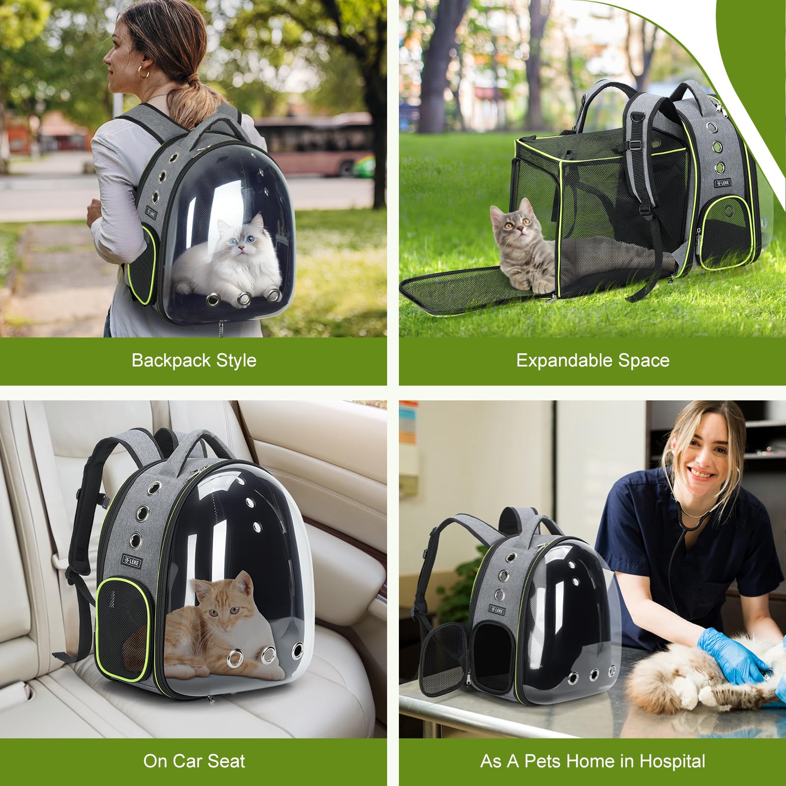 Lekereise Cat Bubble Backpack dimensions show capacity up to 18 lbs for small pets