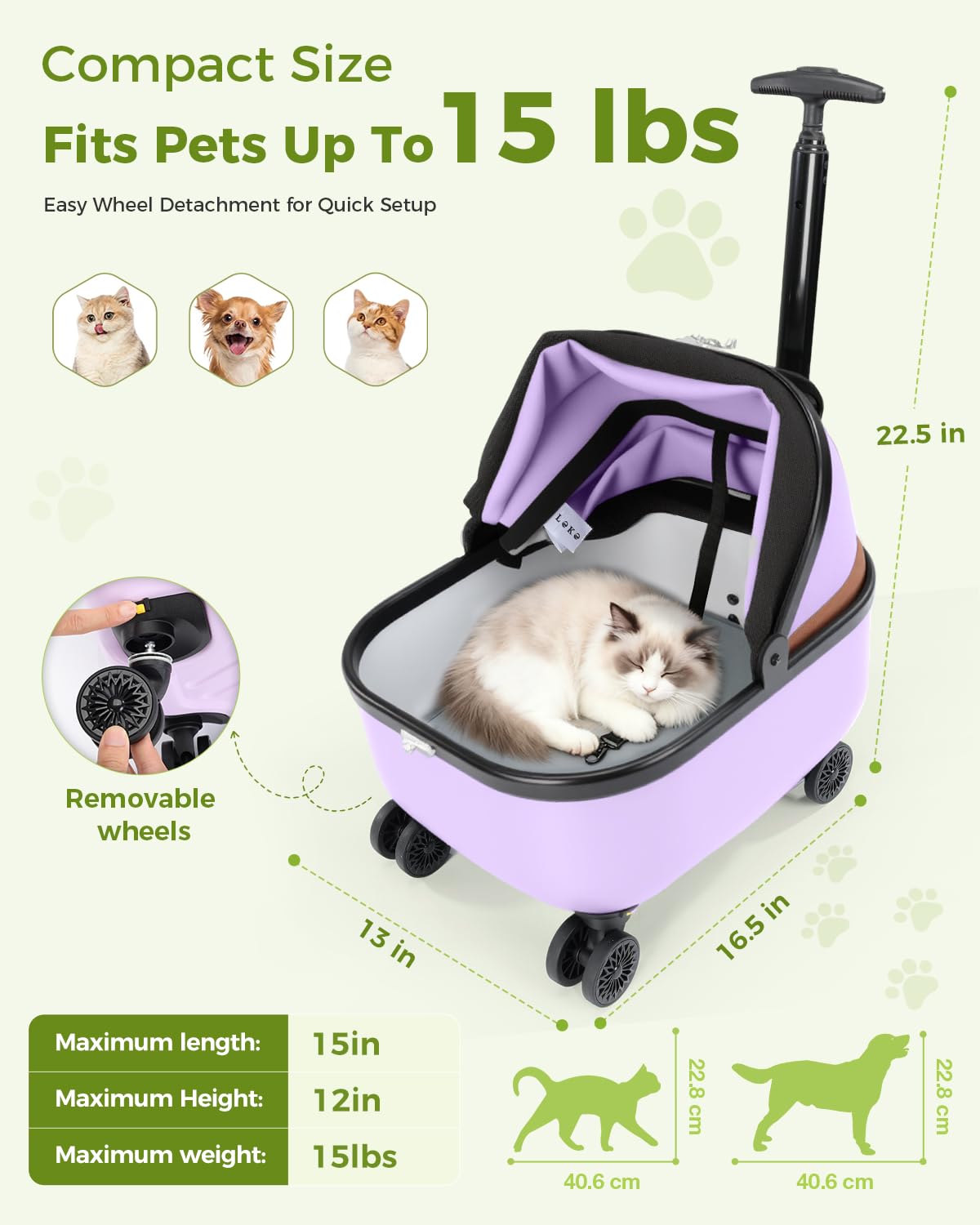 Lekereise cat carrier wheels purple in-cafe context—social-friendly pet travel.