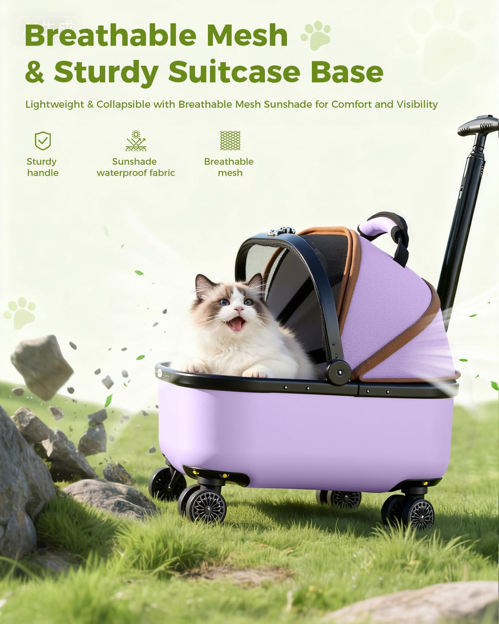 Lekereise cat carrier wheels purple top handle—one-handed carry for cafe outings.