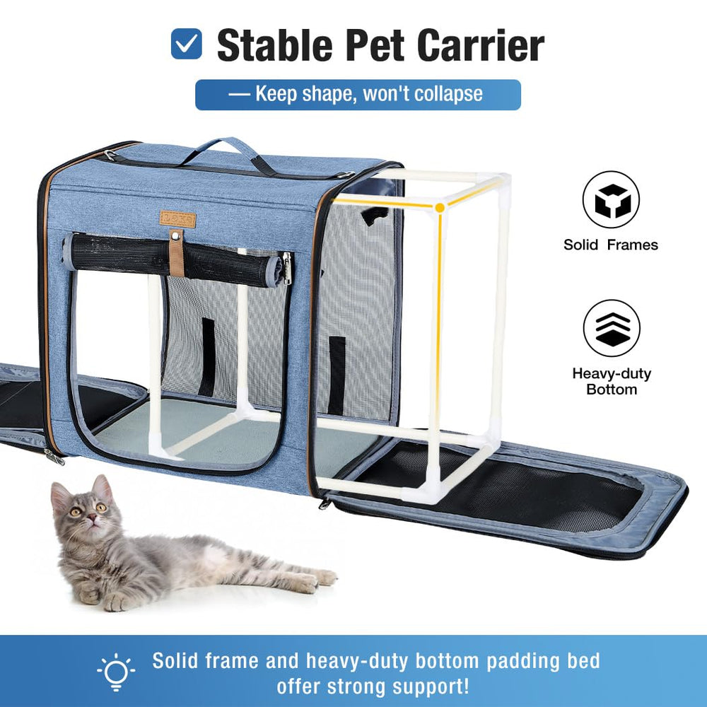 Lekereise blue cat travel carrier shows breathable mesh for calm air flow.