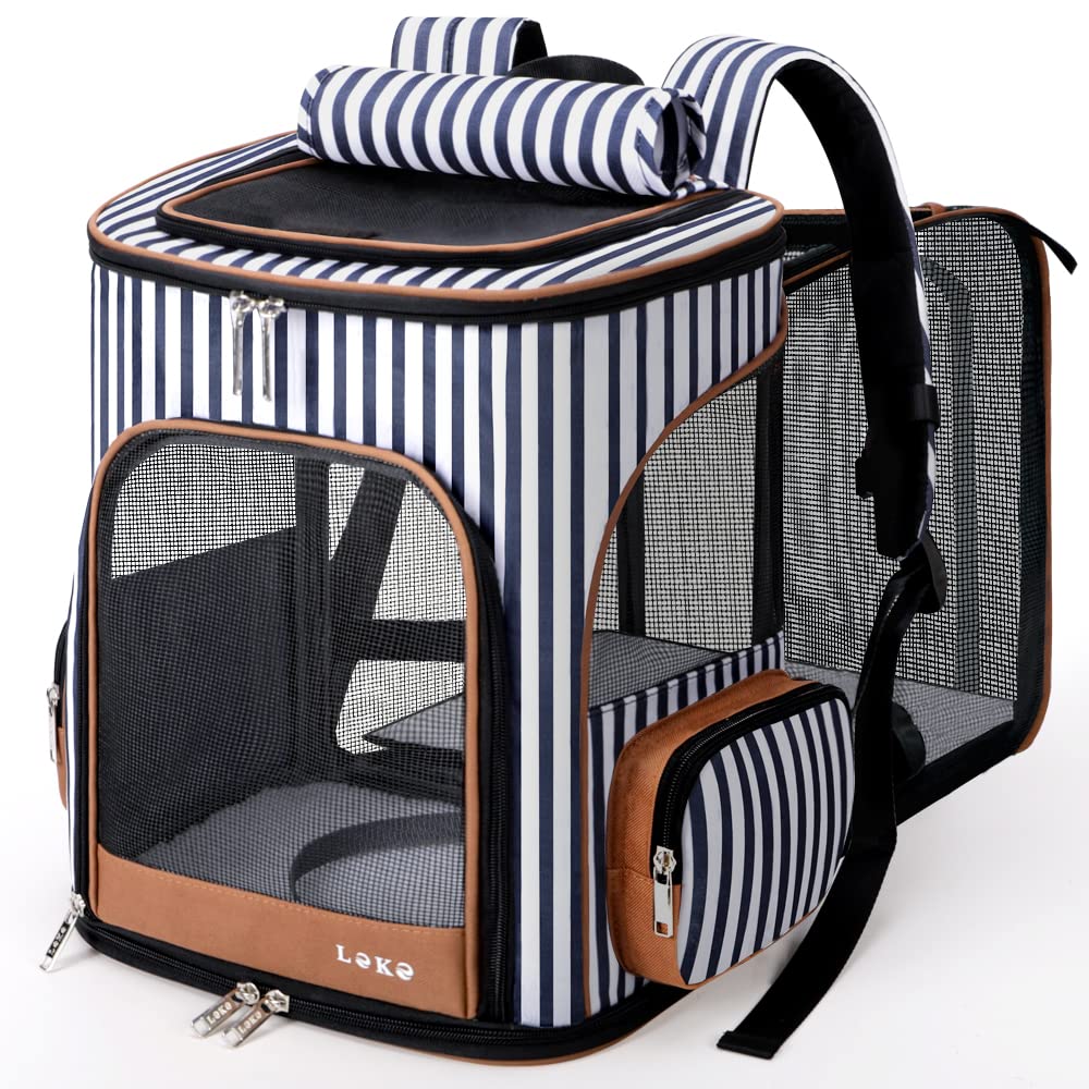 Lekereise pet carrier backpack expandable front view striped shows breathable mesh for airflow during travel