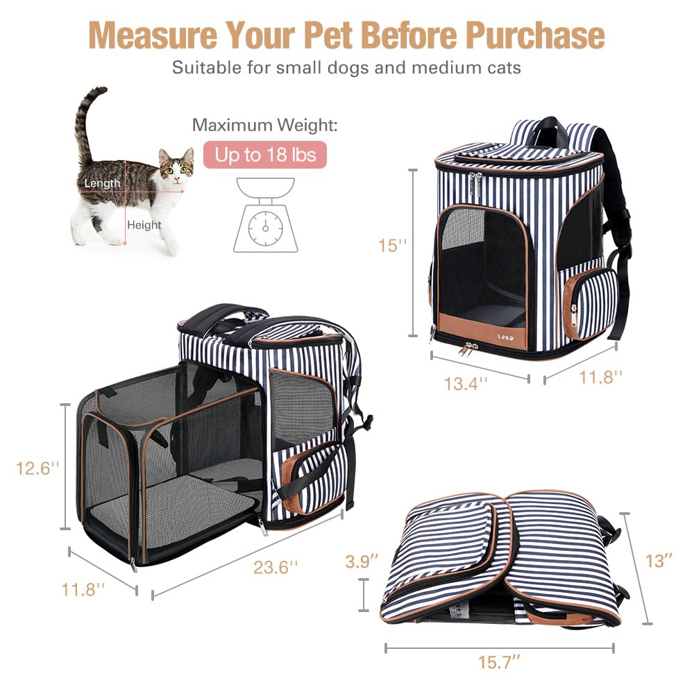 Lekereise pet carrier backpack expandable top view striped reveals pet head-out access and visibility