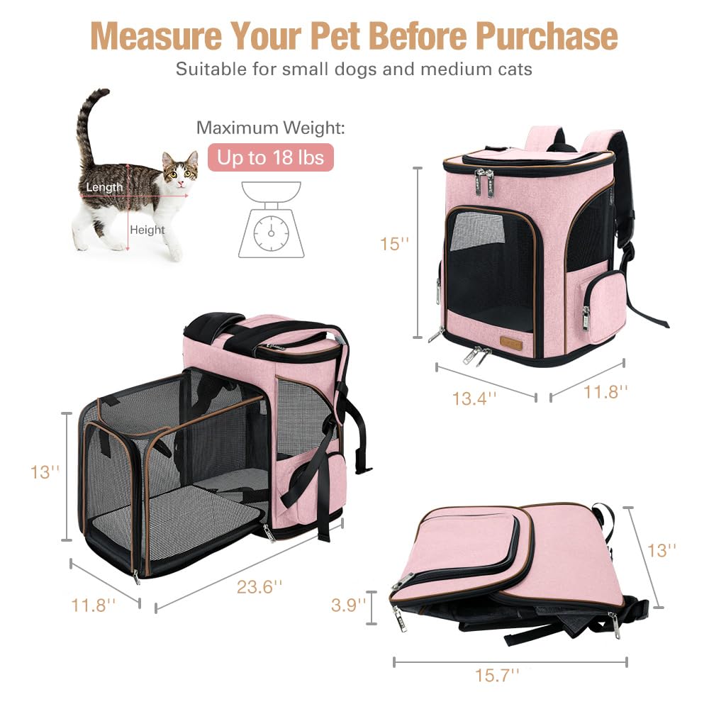 Lekereise pet carrier backpack pink expandable-side view highlights interior room for comfort.