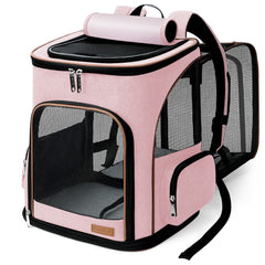 Lekereise pet carrier backpack pink front view shows expandable space for pets.