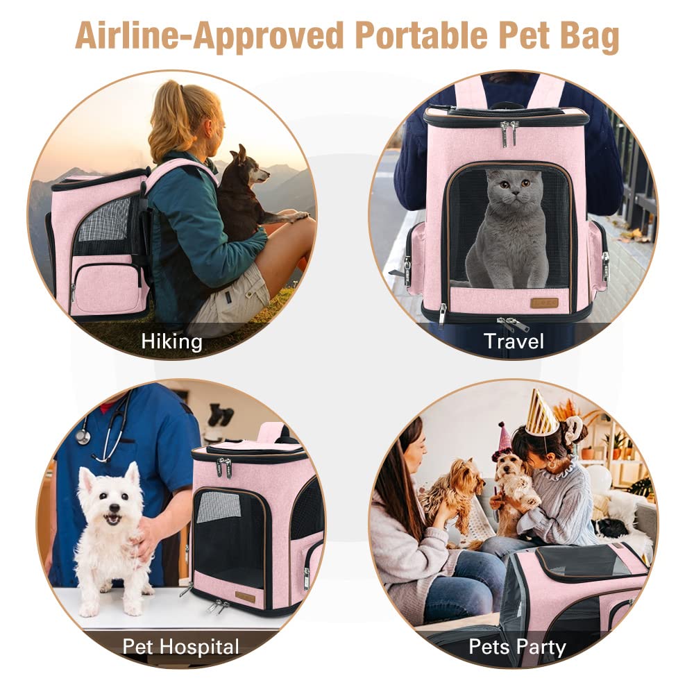 Lekereise pet carrier backpack pink travel-storage pockets keep essentials handy.