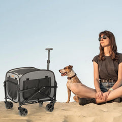 Lekereise pet carrier with stable four-wheel base for smooth travel