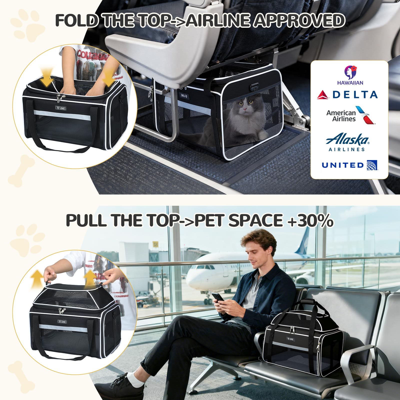 Lekereise top-expandable pet carrier expanded-space interior offers comfortable movement