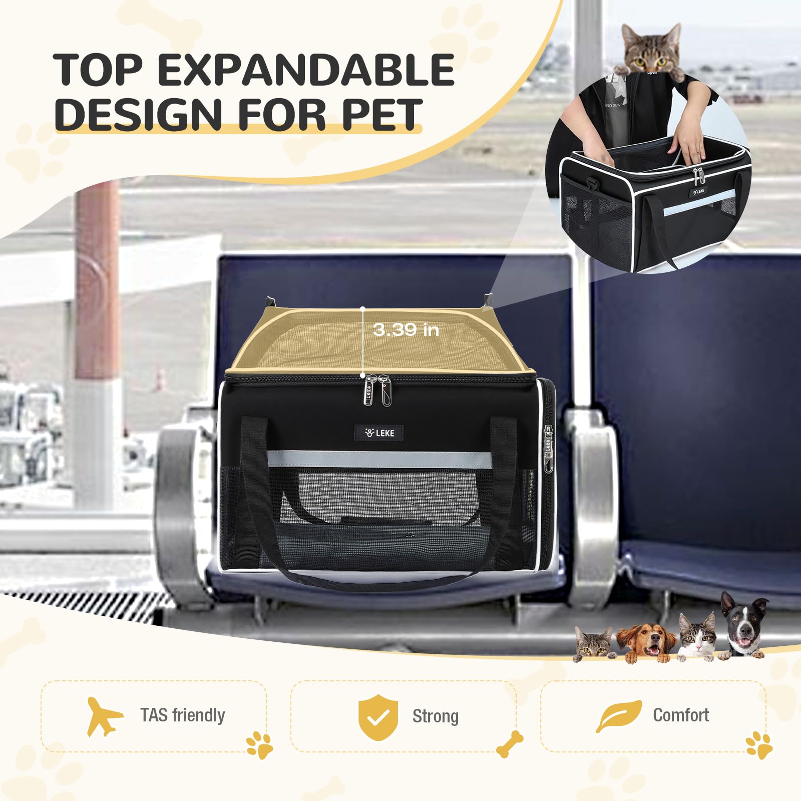 Lekereise top-expandable pet carrier scratch-resistant fabric protects against pawing.