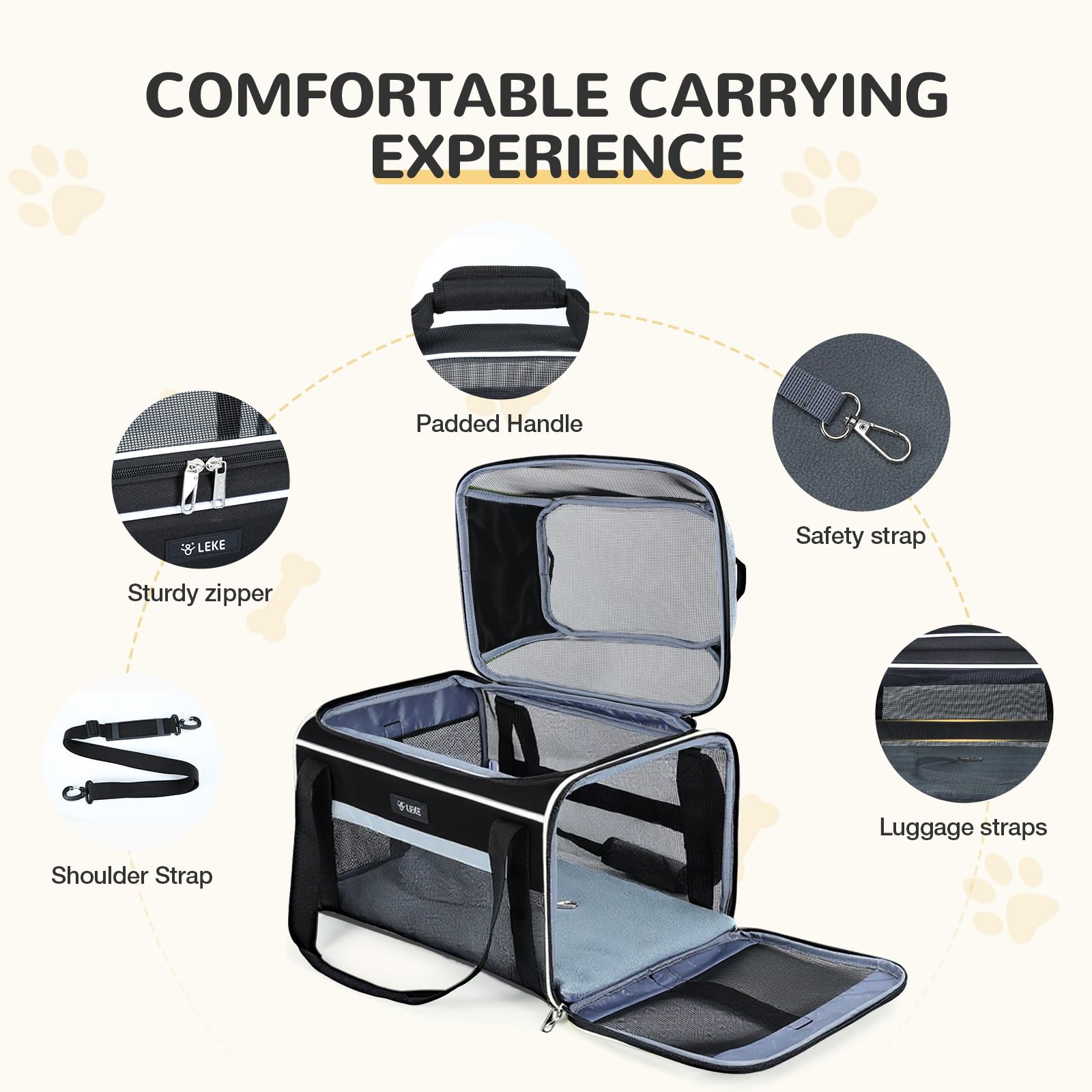 Lekereise top-expandable pet carrier locking zippers prevent escapes and accidents.