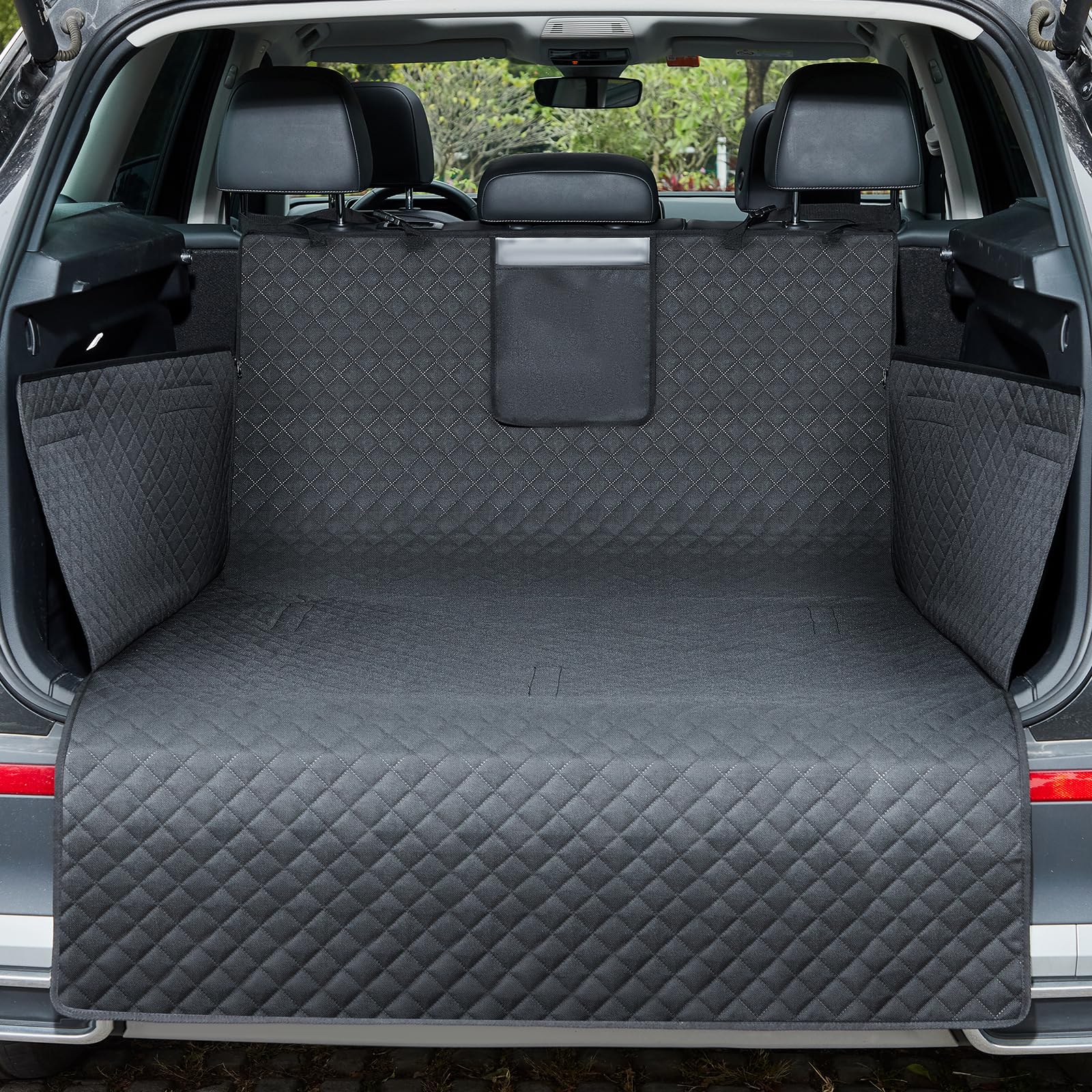 Lekereise SUV Cargo Liner shows full-size dog cover protecting cargo space during adventures