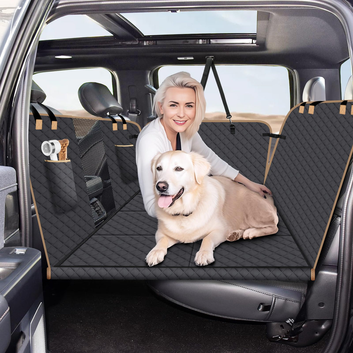 Lekespring dog car seat cover on back seat promotes comfort and protects upholstery.