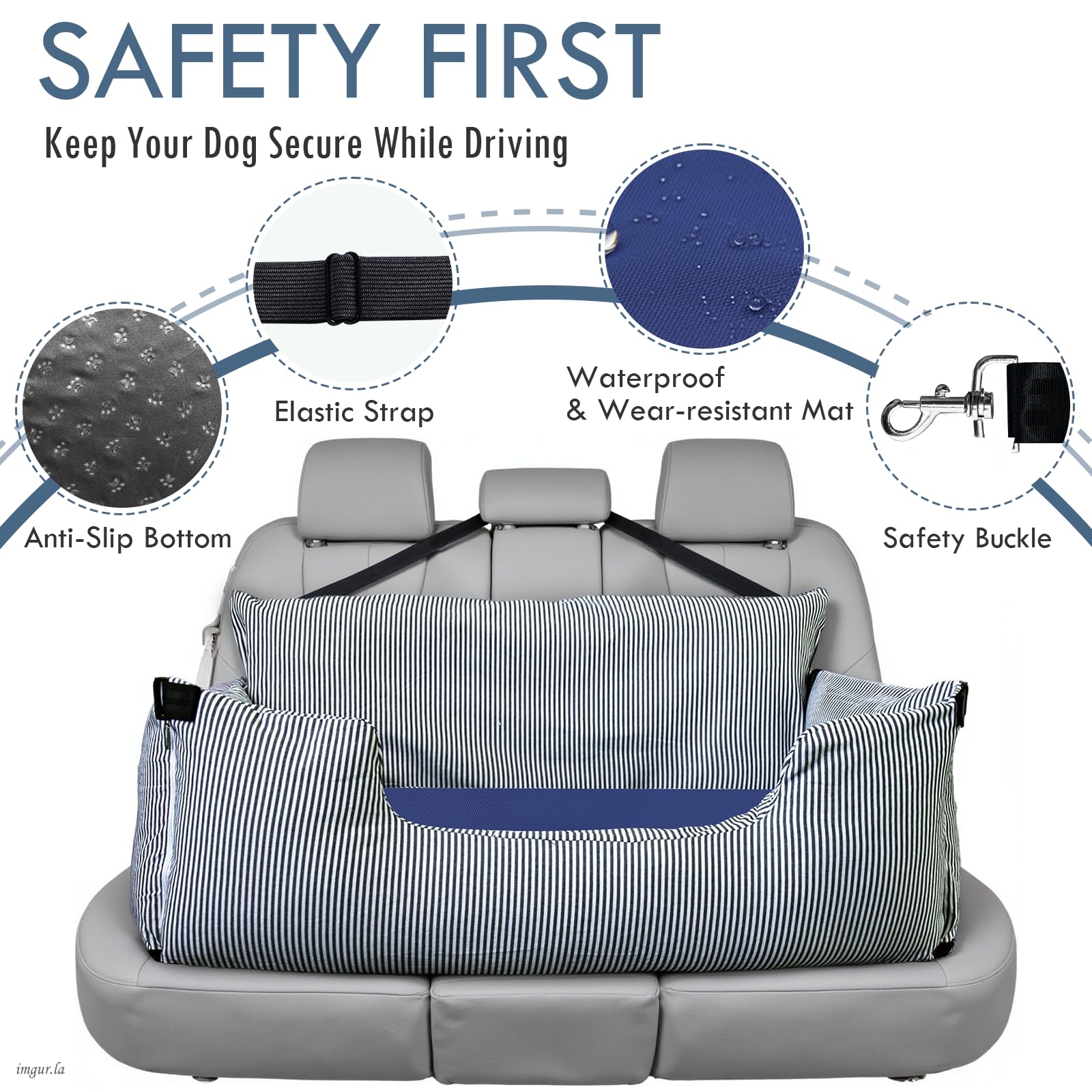 LELEFIDO dog car seat large dog buckle attachment shows belt-secured travel.