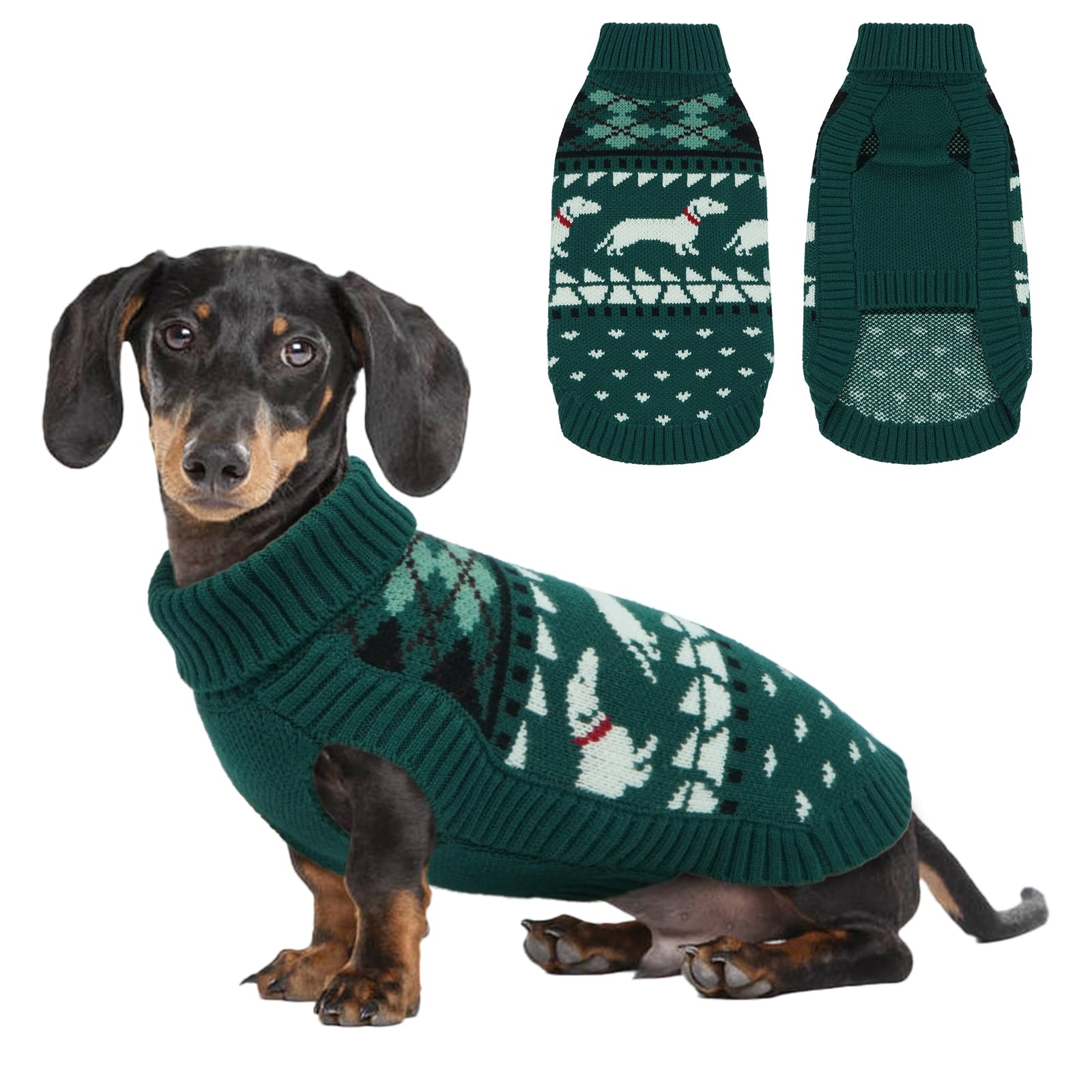 LeLePet dachshund sweater front view highlighting snug turtleneck warmth.