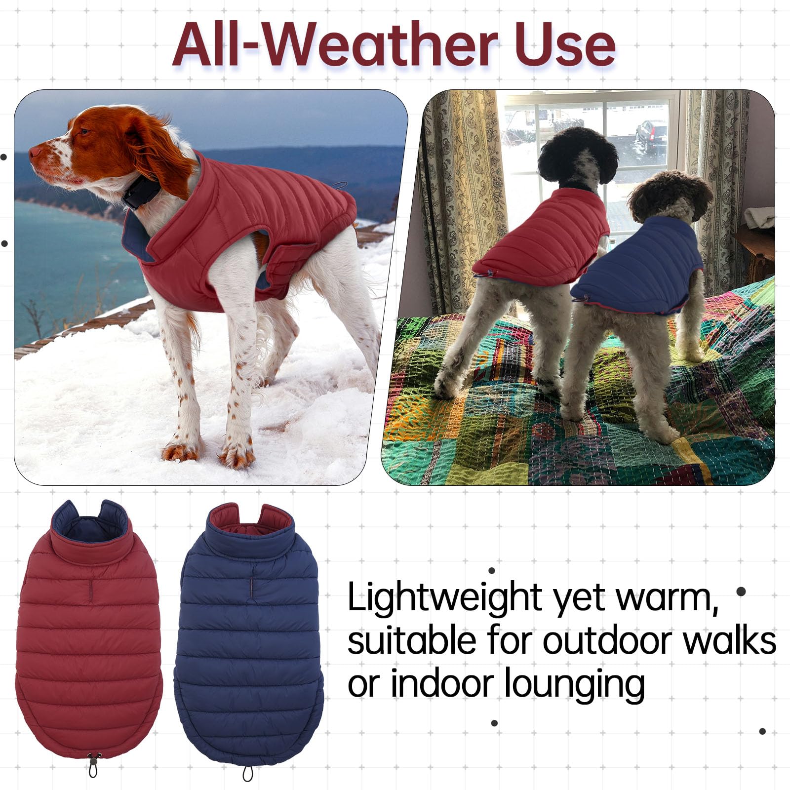 Lelepet dog coat adjustable magic-sticker closure side view, easy on/off.