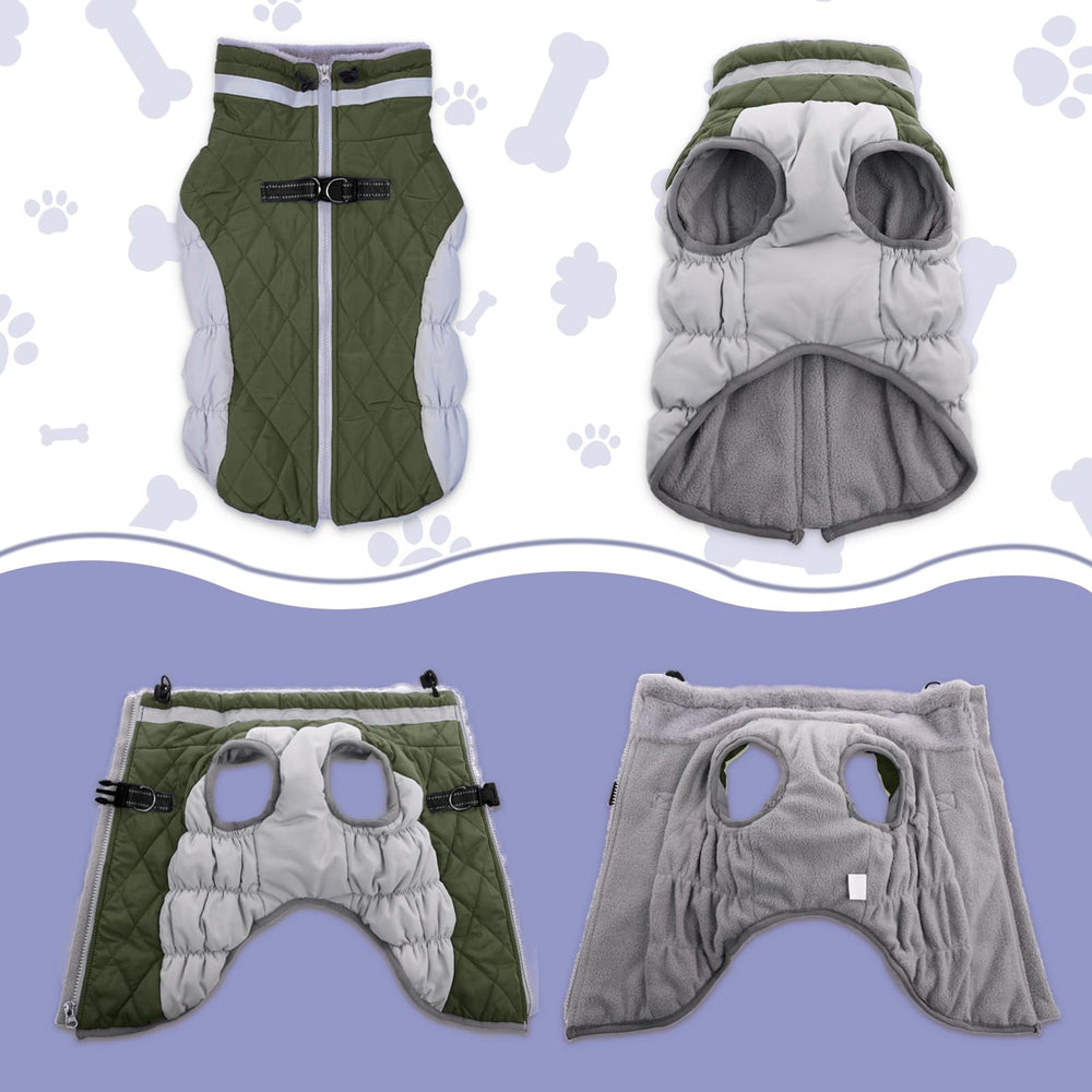 LeLePet dog coat with built-in harness back D-rings for secure leash setup.