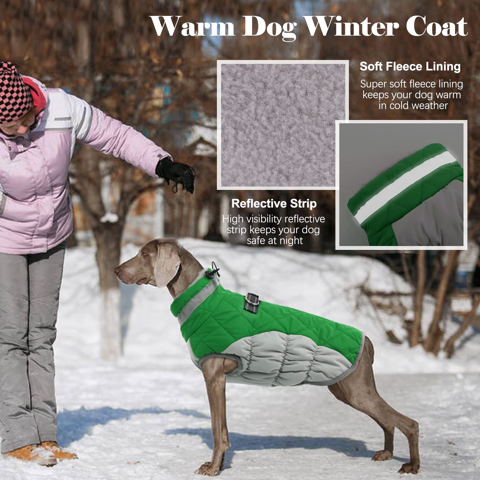 LeLePet coat with reflective strip detail for night visibility.