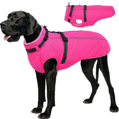 LeLePet dog winter coat front view with built-in harness for secure walks in rose red XXL.