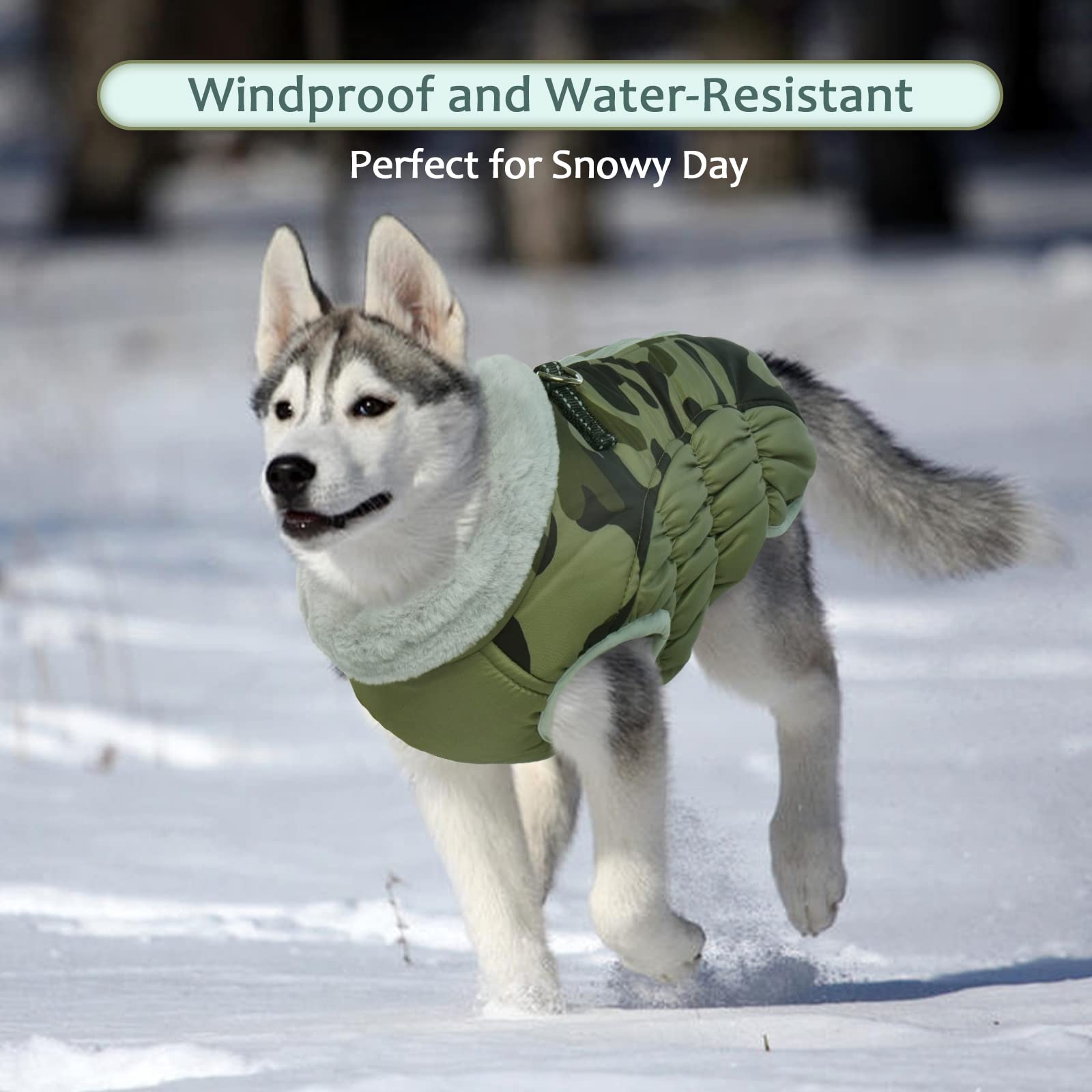LeLePet green camo XL coat provides warmth and a secure fit for large dogs.