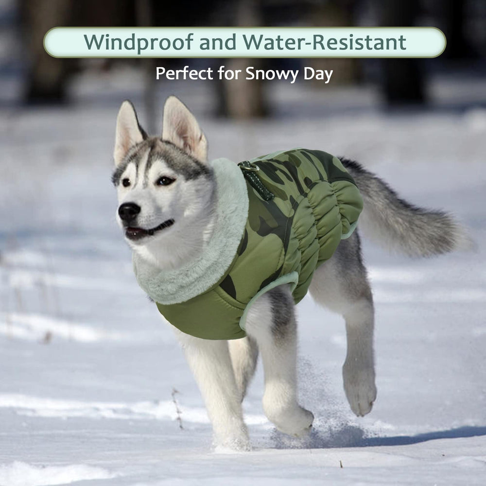 LeLePet green camo XL coat provides warmth and a secure fit for large dogs.