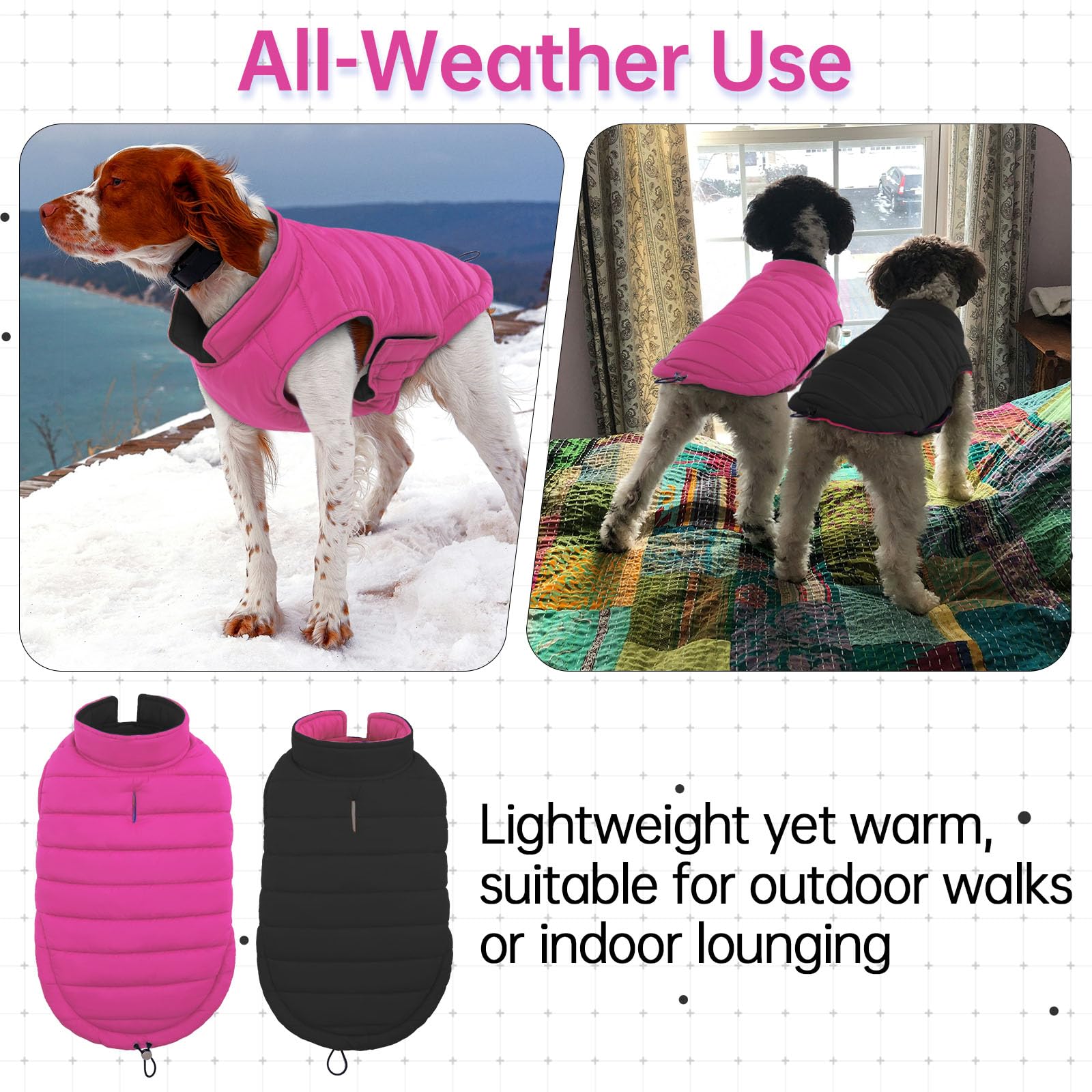 LeLePet coat leash hole for harness attachment during walks.