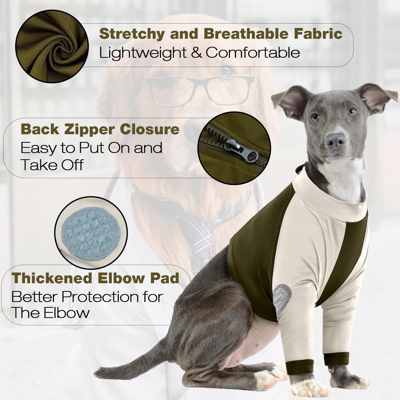 LeLePet recovery suit elbow pad protection shields joints from bumps.