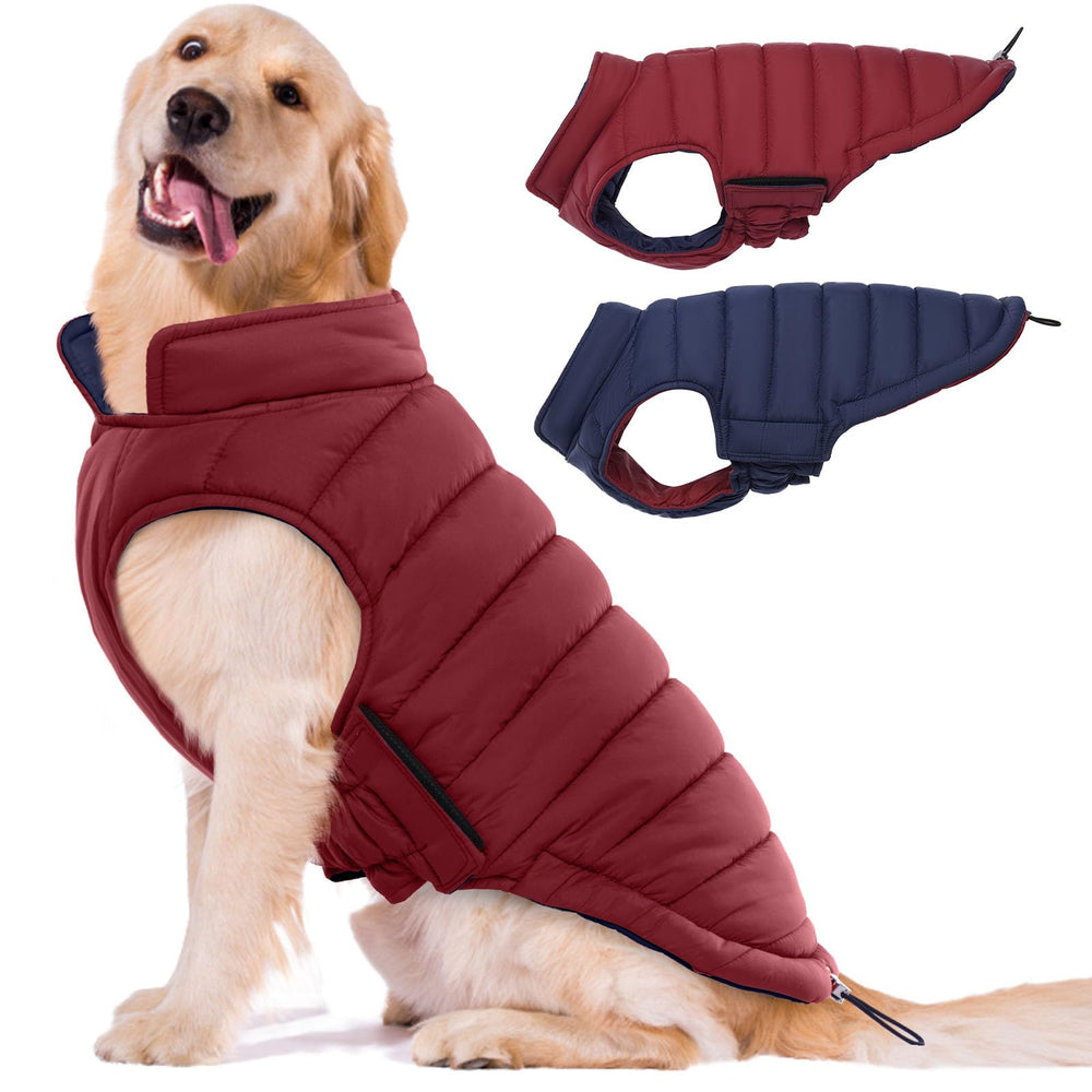 Lelepet reversible dog coat waterproof winter jacket, front view, keeps dogs warm on cold walks.