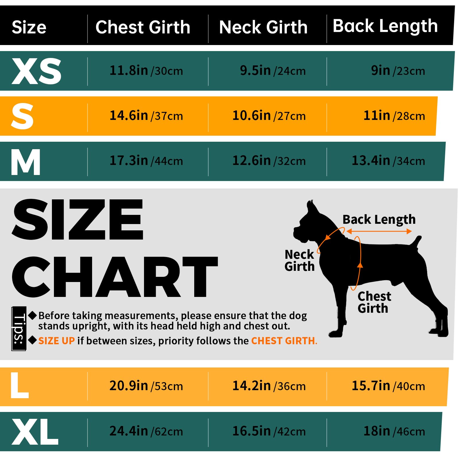 Lelepet size chart XS-XL helps you pick the perfect fit