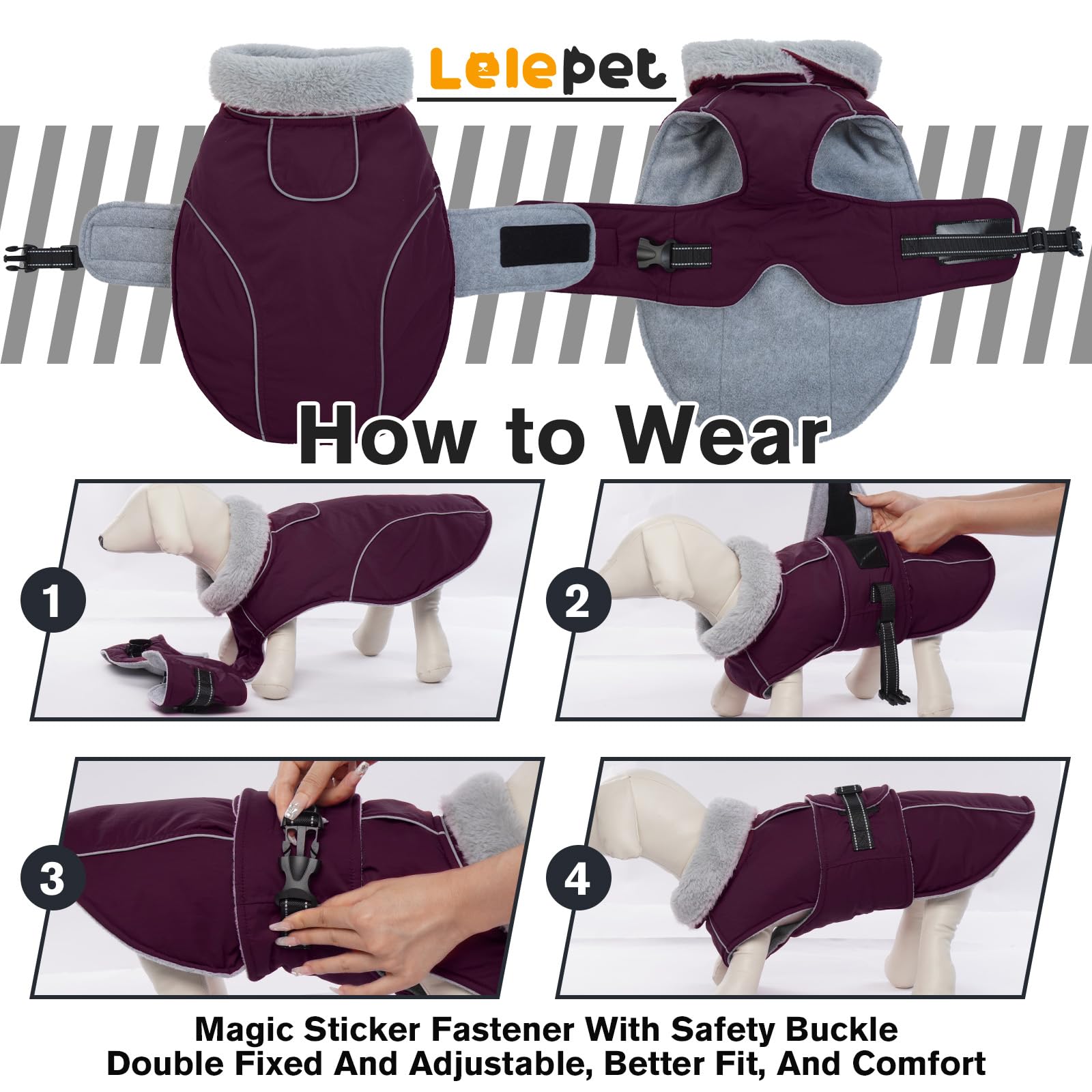 LeLePet coat adjustable buckle and hook-and-loop enable easy on/off and secure fit.
