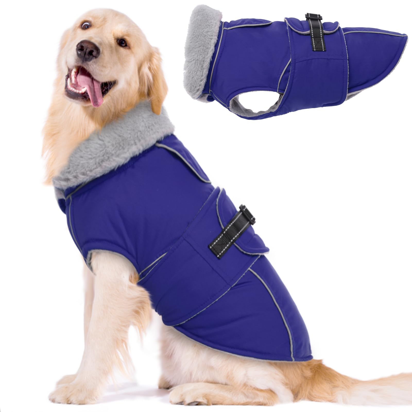 LeLePet Warm Dog Coat blue front view shows weather-ready exterior for outdoors