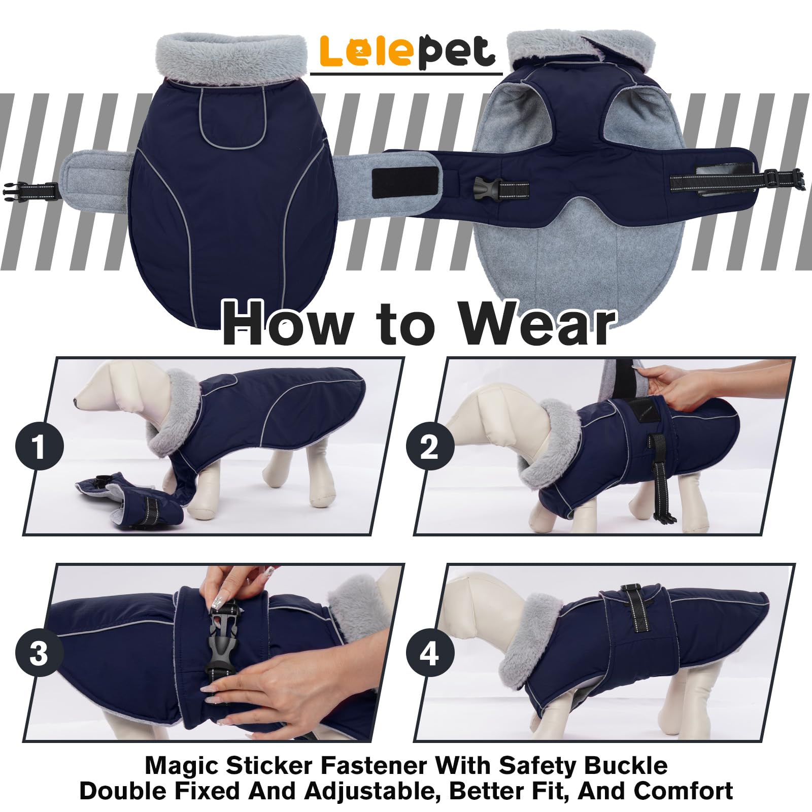 LeLePet Warm Dog Coat leash hole eases outdoor walking.