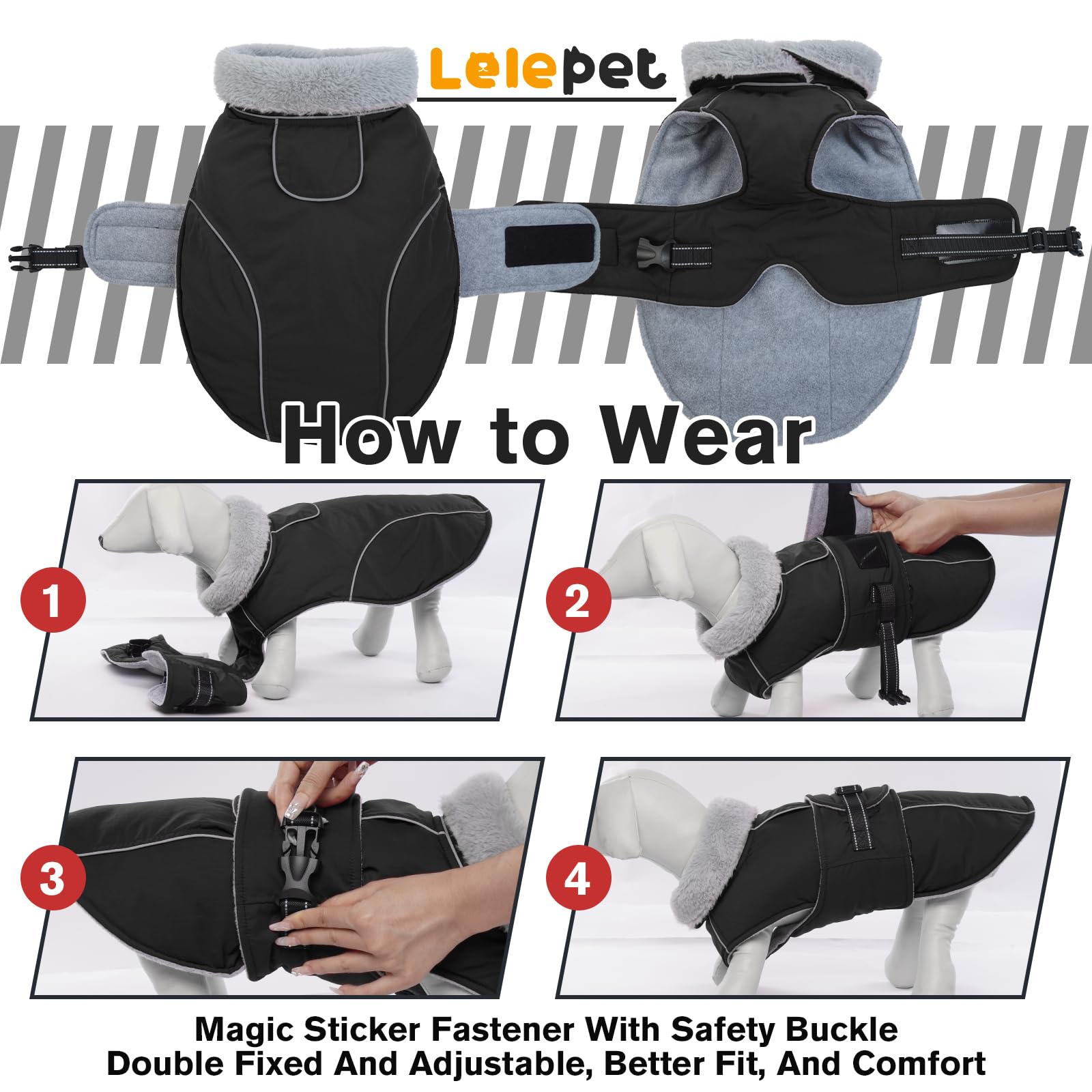 Lelepet warm dog coat XL adjustable buckle ensures snug, simple on and off.