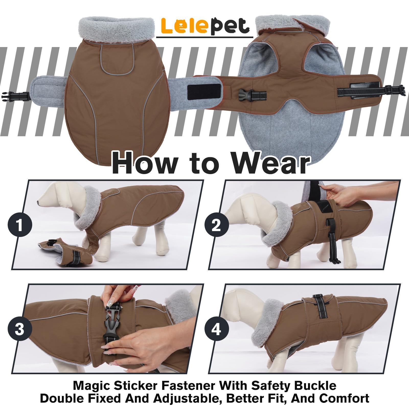 Lelepet Warm Dog Coat brown back leash hole simplifies outdoor walking with a leash.