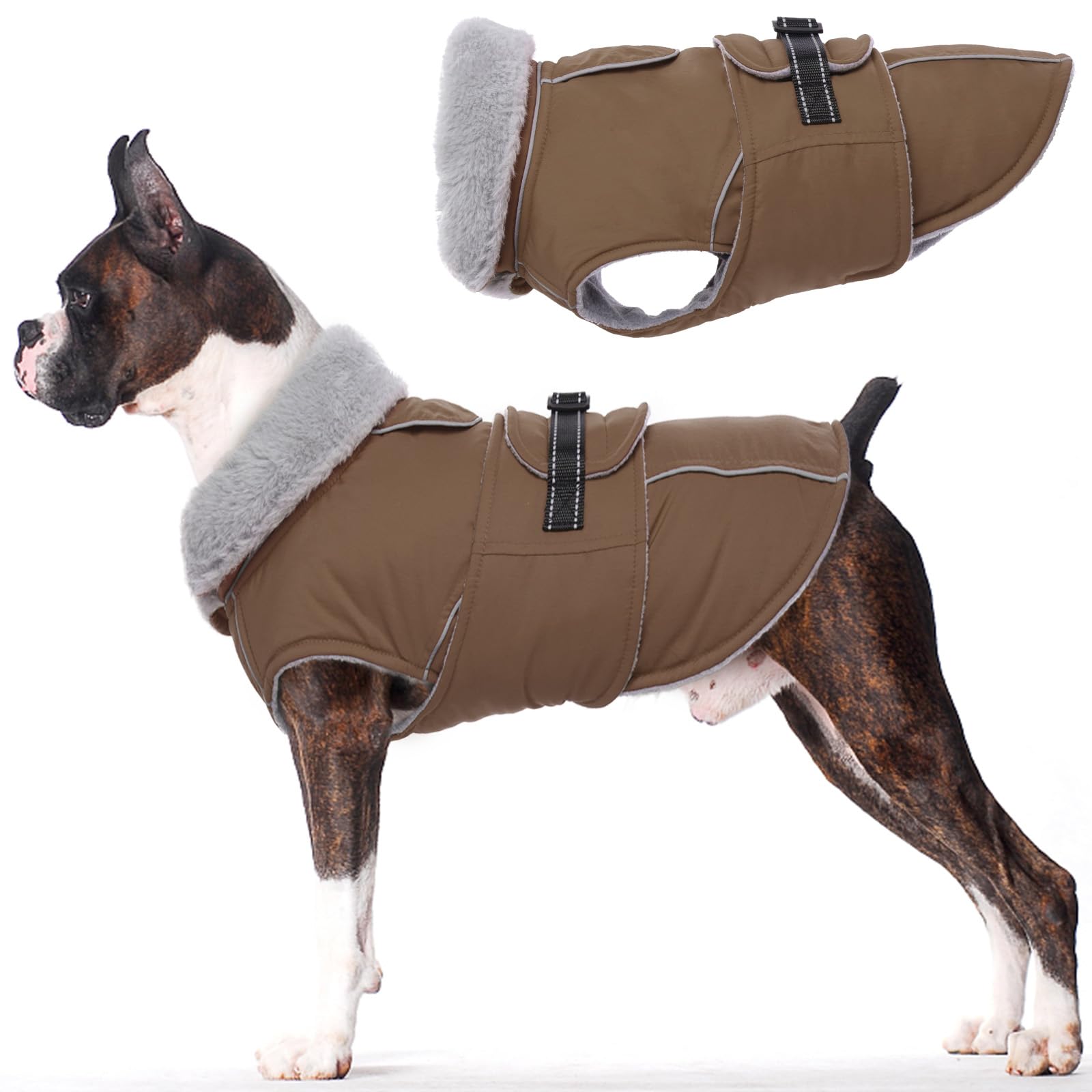 Lelepet Warm Dog Coat in brown waterproof fabric keeps large dogs dry during walks.