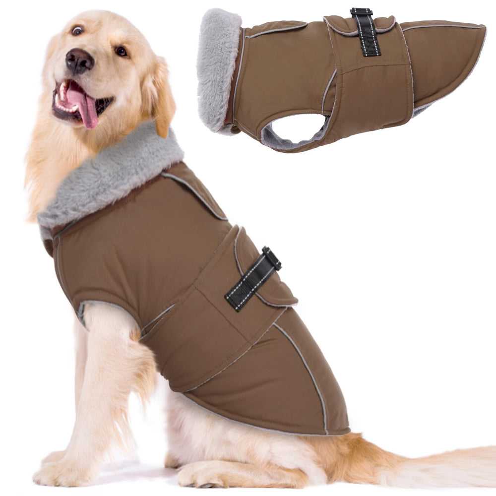 LeLePet warm dog coat front view showing waterproof windproof exterior and warm fleece