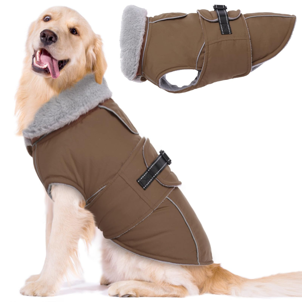LeLePet warm dog coat front view showing waterproof windproof exterior and warm fleece