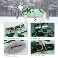 LeLePet warm dog winter coat back view highlighting the reflective strip for night safety