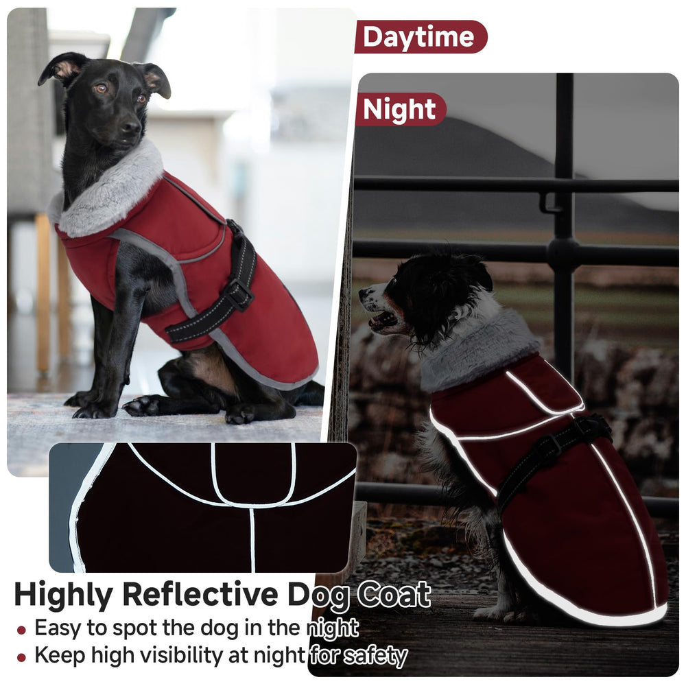 LeLePet Warm Dog Winter Coat front view shows snug fit and plush collar warmth