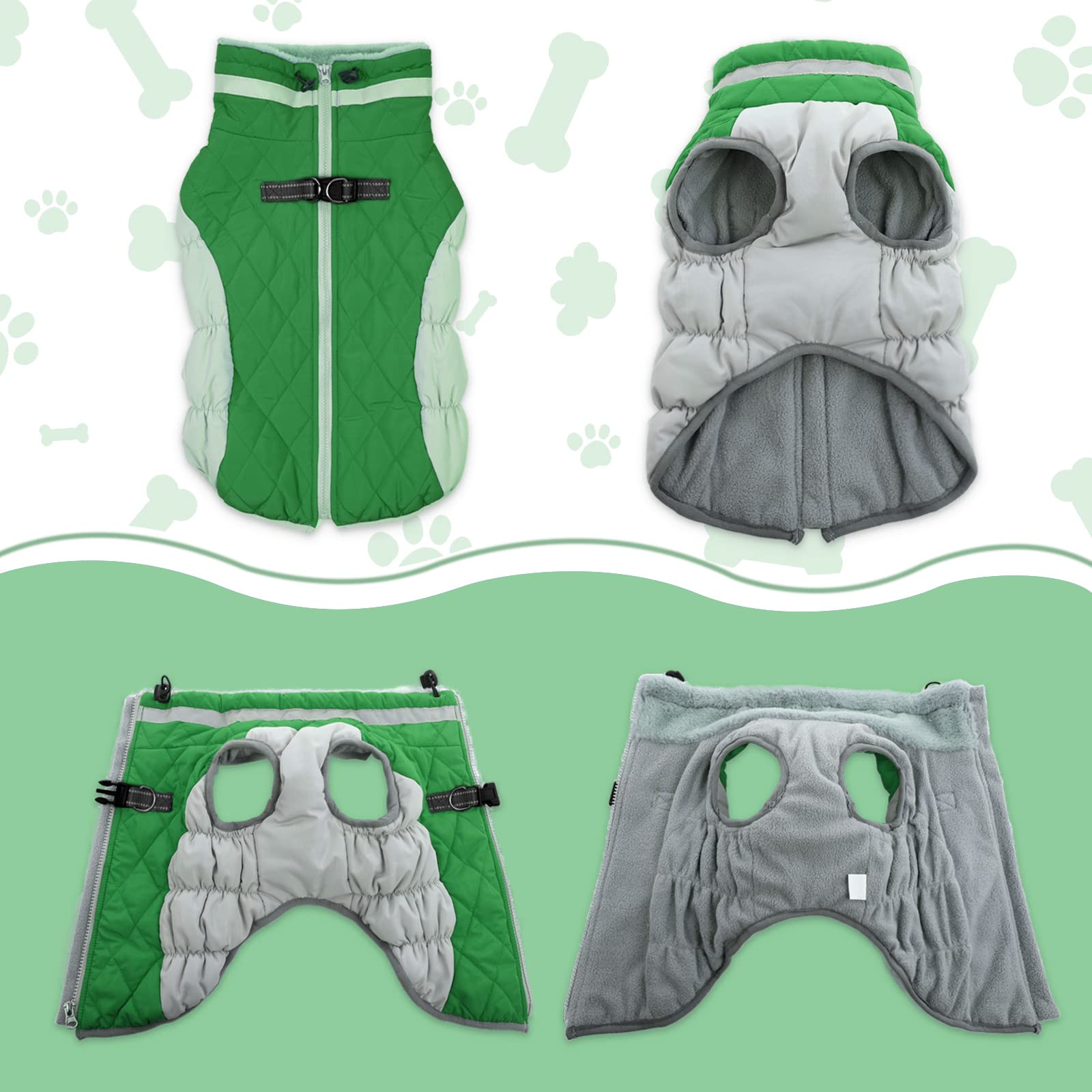 LeLePet warm dog coat green, back view highlighting reflective strip for visibility.