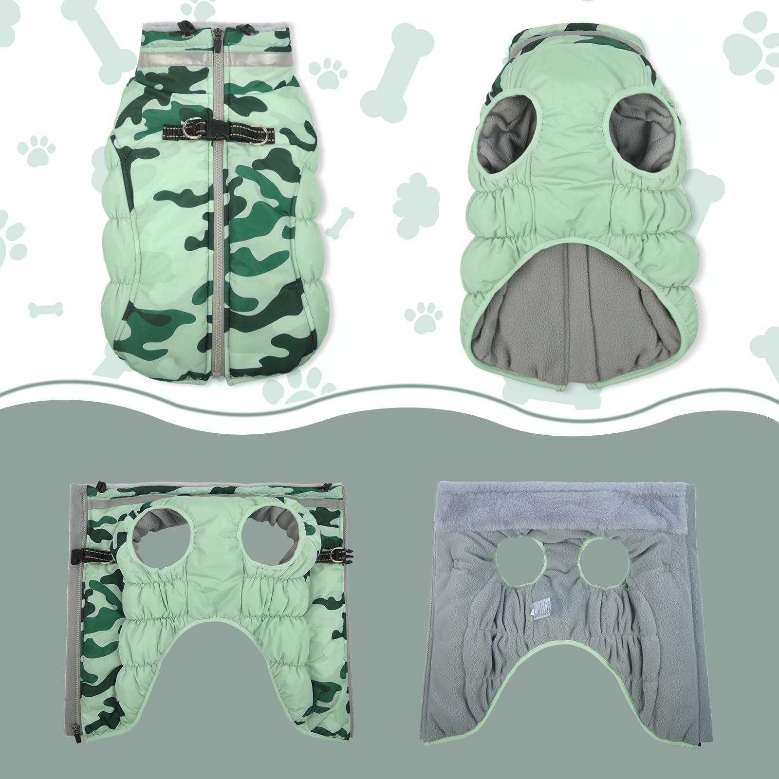 LeLePet warm dog winter coat showing harness built-in and dual D-rings for leash