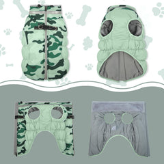 LeLePet warm dog winter coat showing harness built-in and dual D-rings for leash