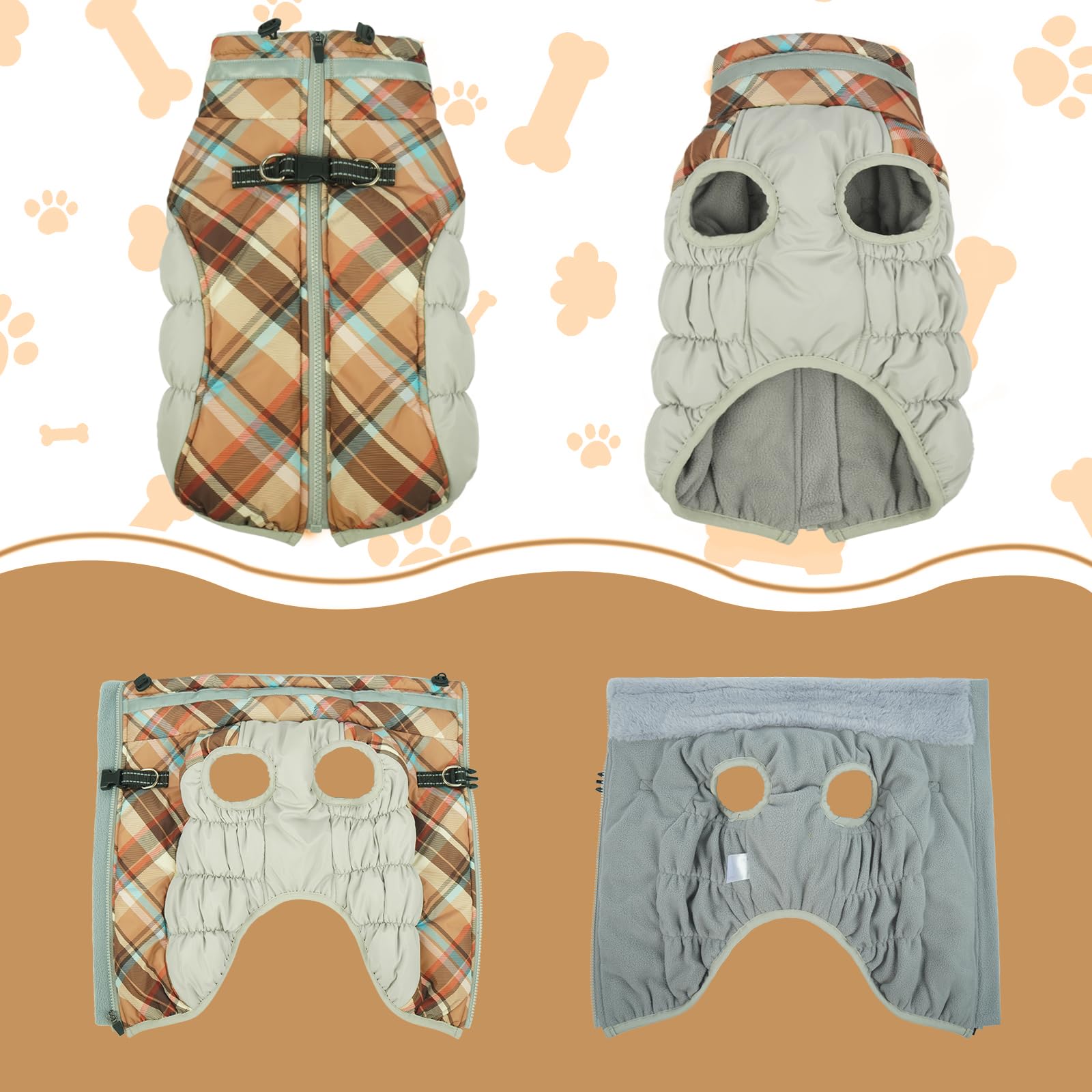 LeLePet warm dog winter coat harness built-in with two D-rings for easy walking.