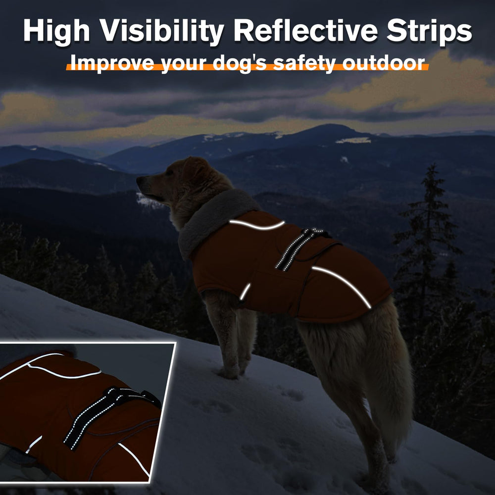 LeLePet fur-collar winter jacket showing secure buckle and snug fit.