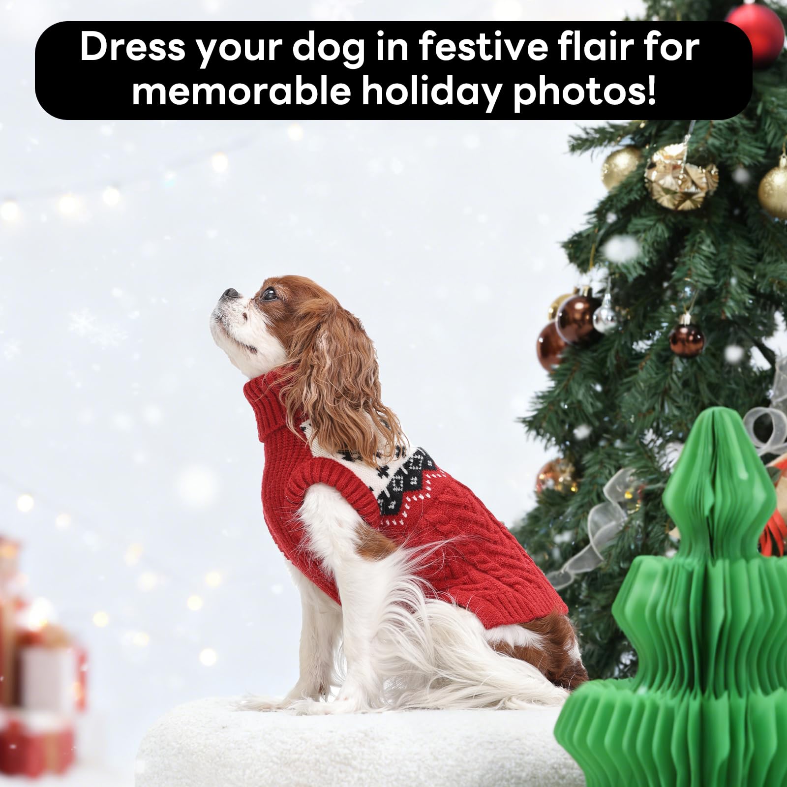 LeleTail Christmas dog sweater red M on dog in a cozy winter walk