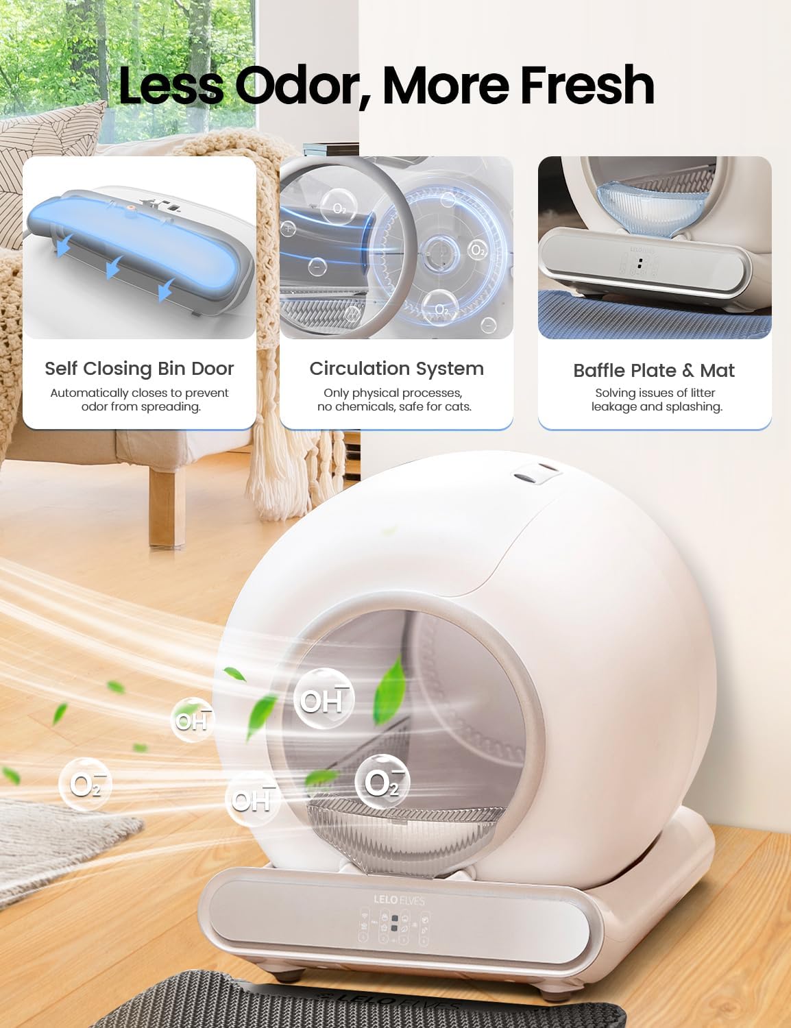 LELO ELVES mat and liners illustrating extended litter life and tidy setup