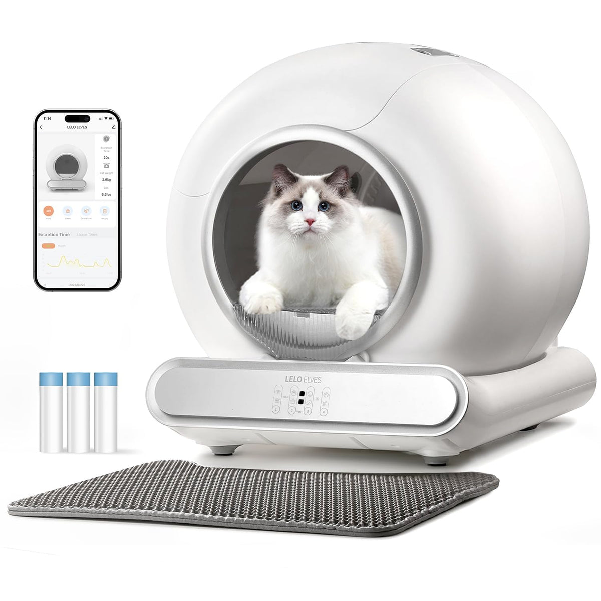 LELO ELVES self-cleaning litter box front view showing safety design and quiet operation