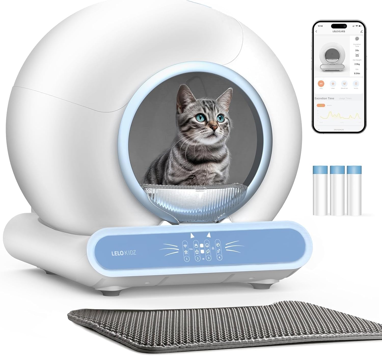 LELOKIDZ self-cleaning litter box blue front view supports multi-cat households with easy maintenance.