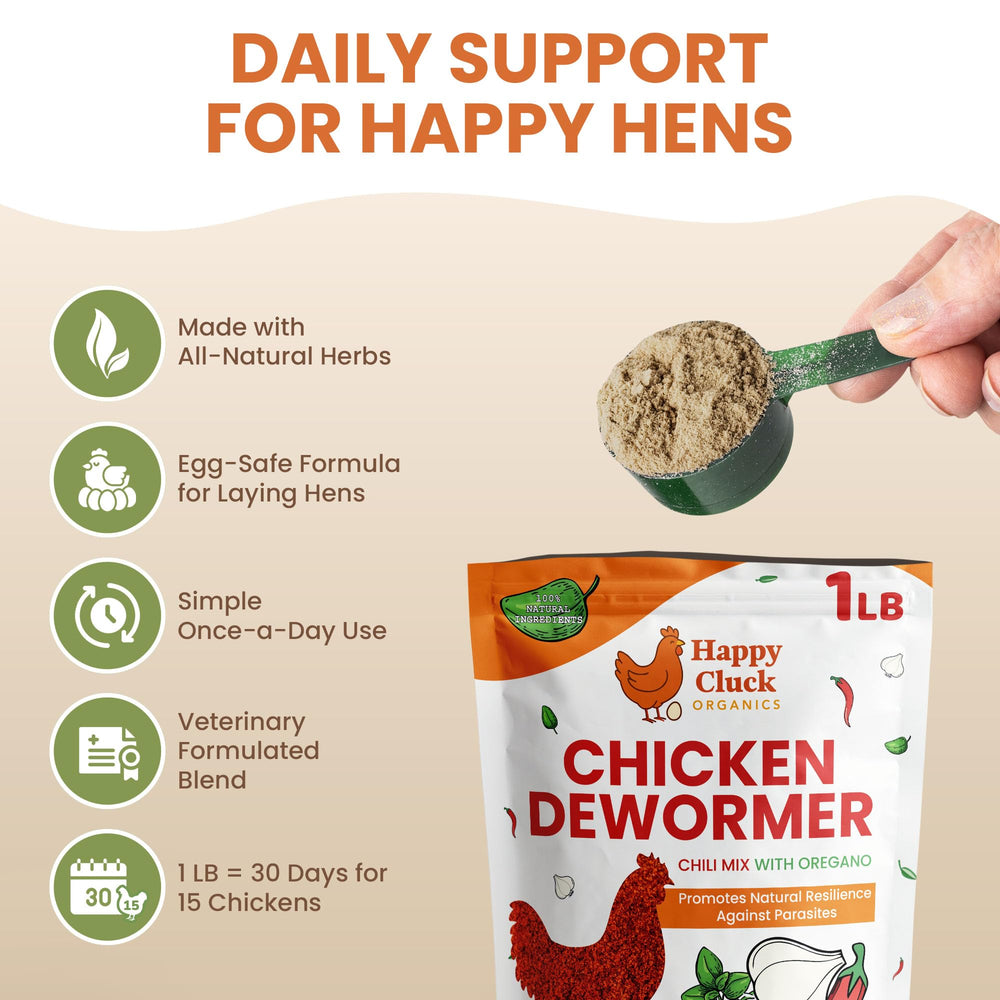 Lemant chicken dewormer chili mix scoop showing easy daily sprinkle