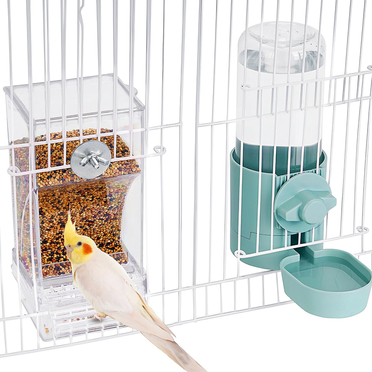 lemtrflo No Mess Bird Feeder Set in setup keeps cage clean by catching shells and spills.